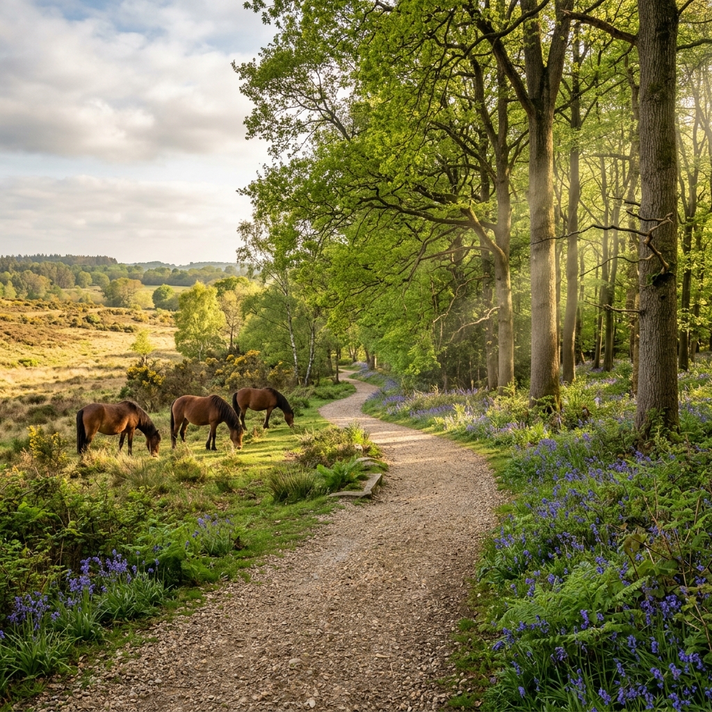 Sunlit trail through New Forest woodland in spring with wild ponies grazing beside bluebells