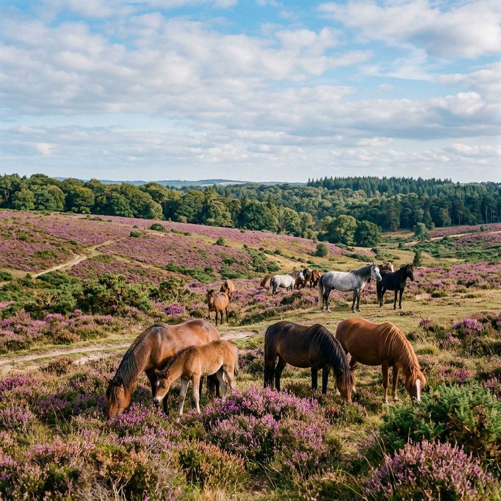 Wild New Forest ponies grazing beside a shallow woodland stream