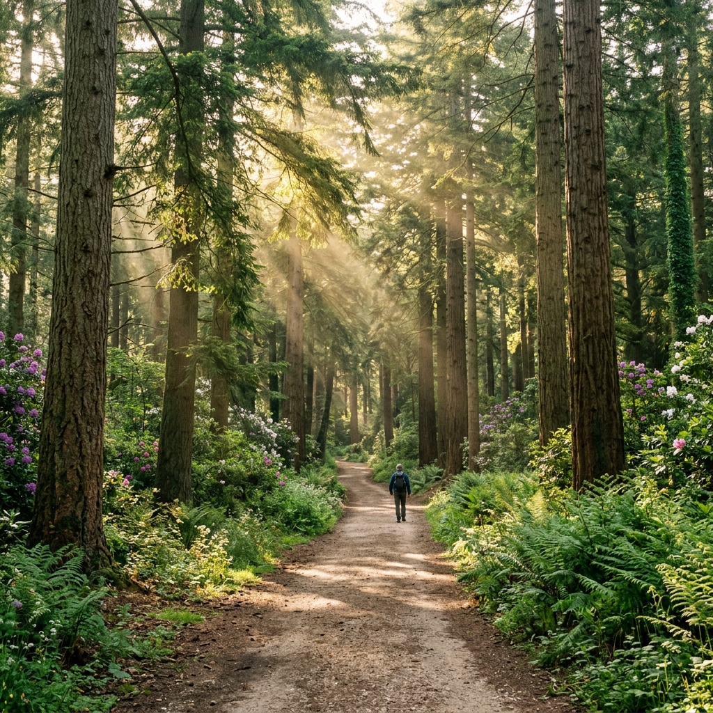 Sunlit forest trail through ancient oak and beech woodland at Bolderwood